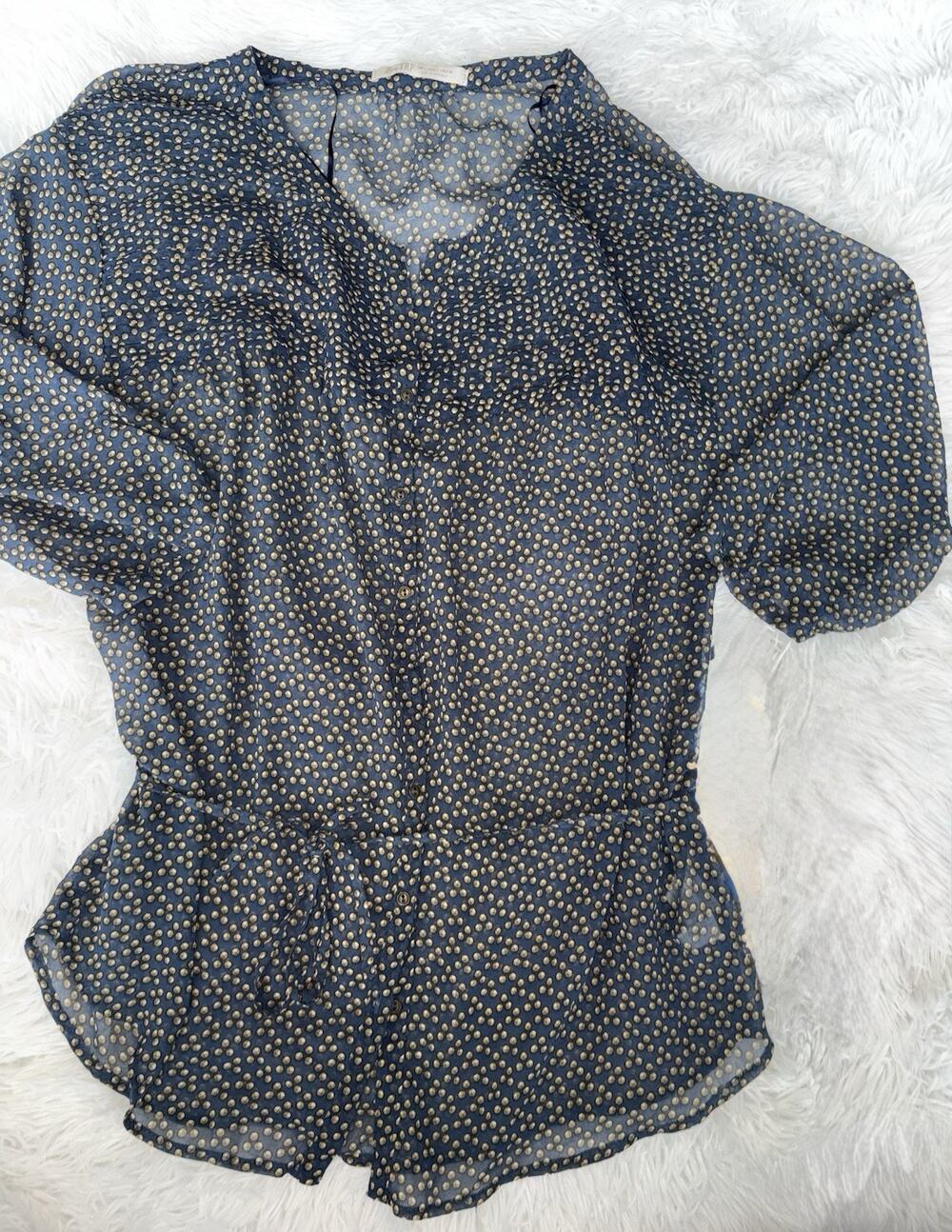 Zara TRF L Blue Blouse W/ Buttons, Tan/gold Polka Dot Tie Front . Sheer, Pretty